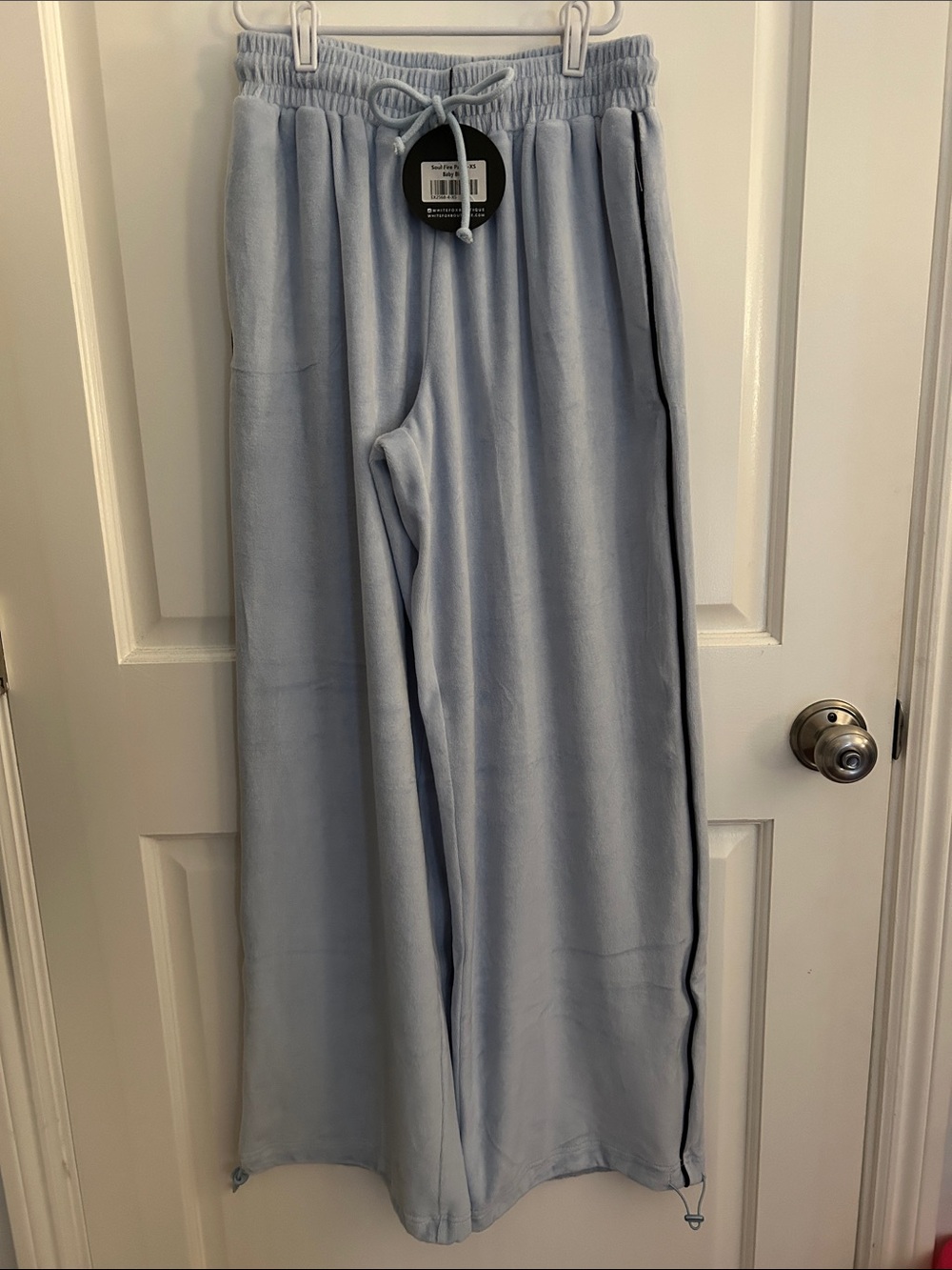 White Fox Boutique Light Blue Plush Track Pants with Contrast Trim